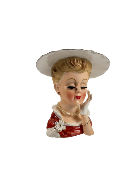 Vintage Lady Head Vase - Pearl Necklace and Floral Brooch -  Inarco #E241