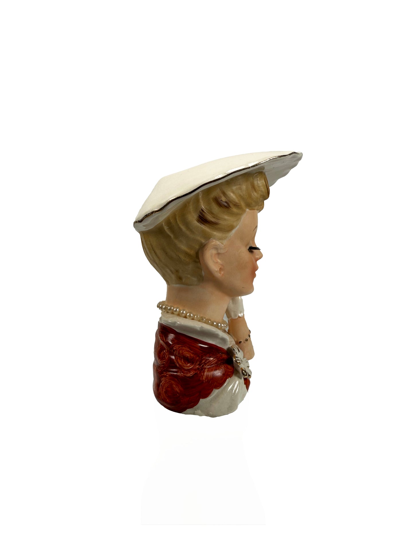 Vintage Lady Head Vase - Pearl Necklace and Floral Brooch - Inarco #E241