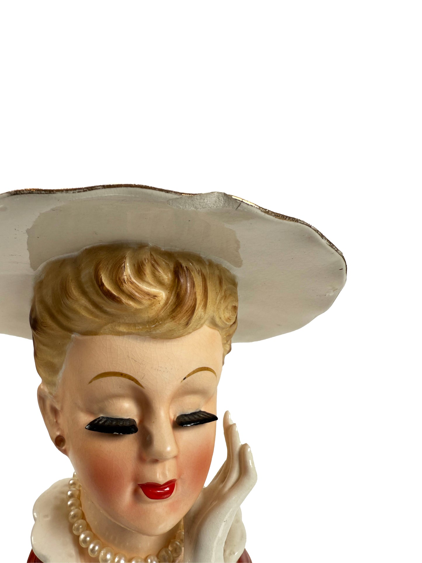Vintage Lady Head Vase - Pearl Necklace and Floral Brooch - Inarco #E241