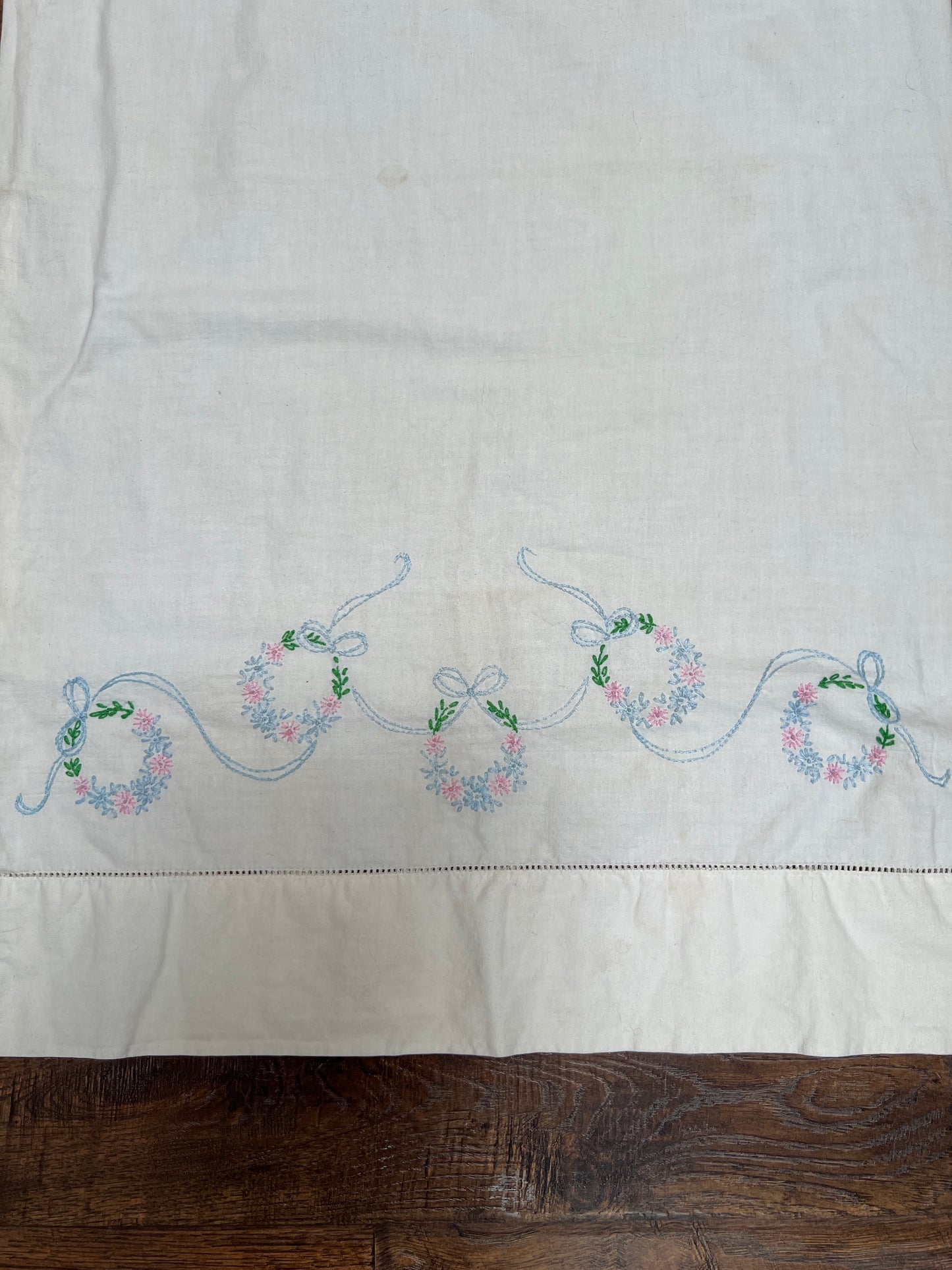 Vintage Linens - Single Embroidered Pillowcase - Blue and Pink Flower Rings