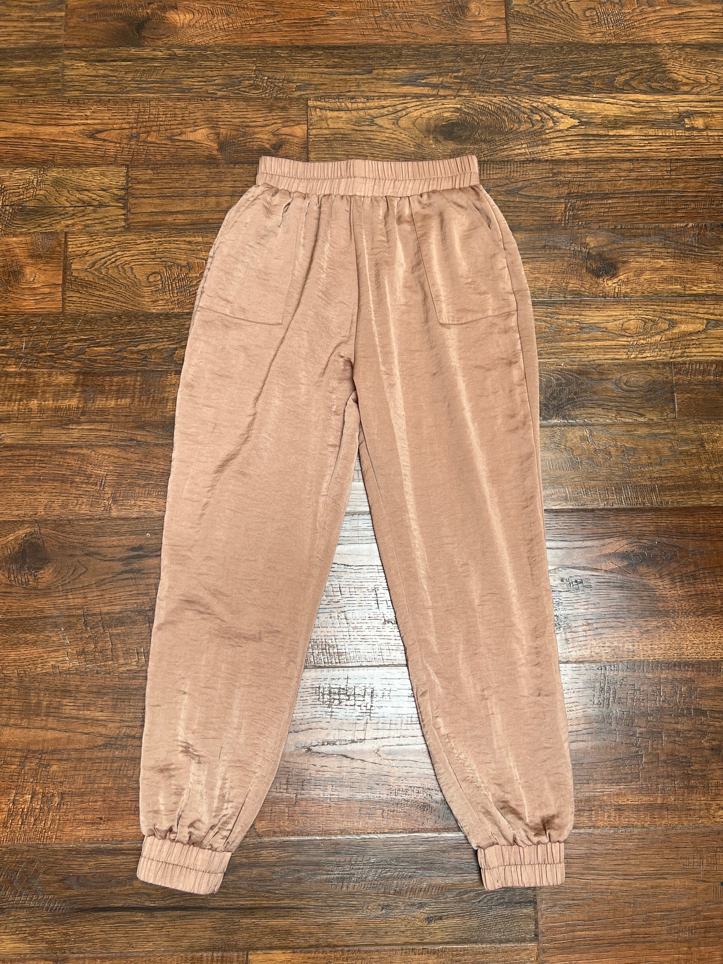 Clothing - Elastic Waistband Silky Pants - Taupe Brown - X-Small - Amaryllis