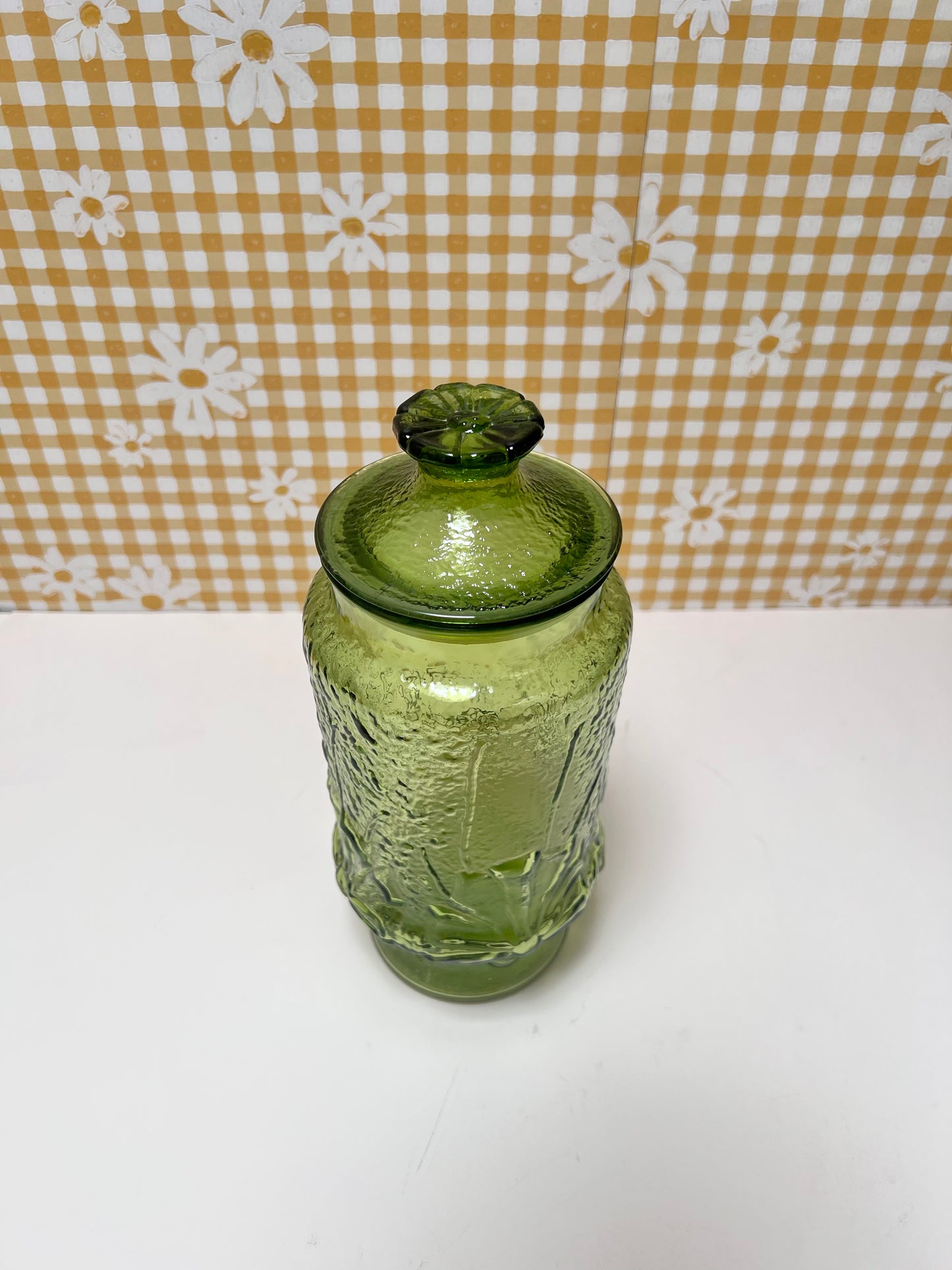 Vintage Kitchen Decor - Glass Covered Jar - Green Rainflower - Anchor Hocking - 1970s