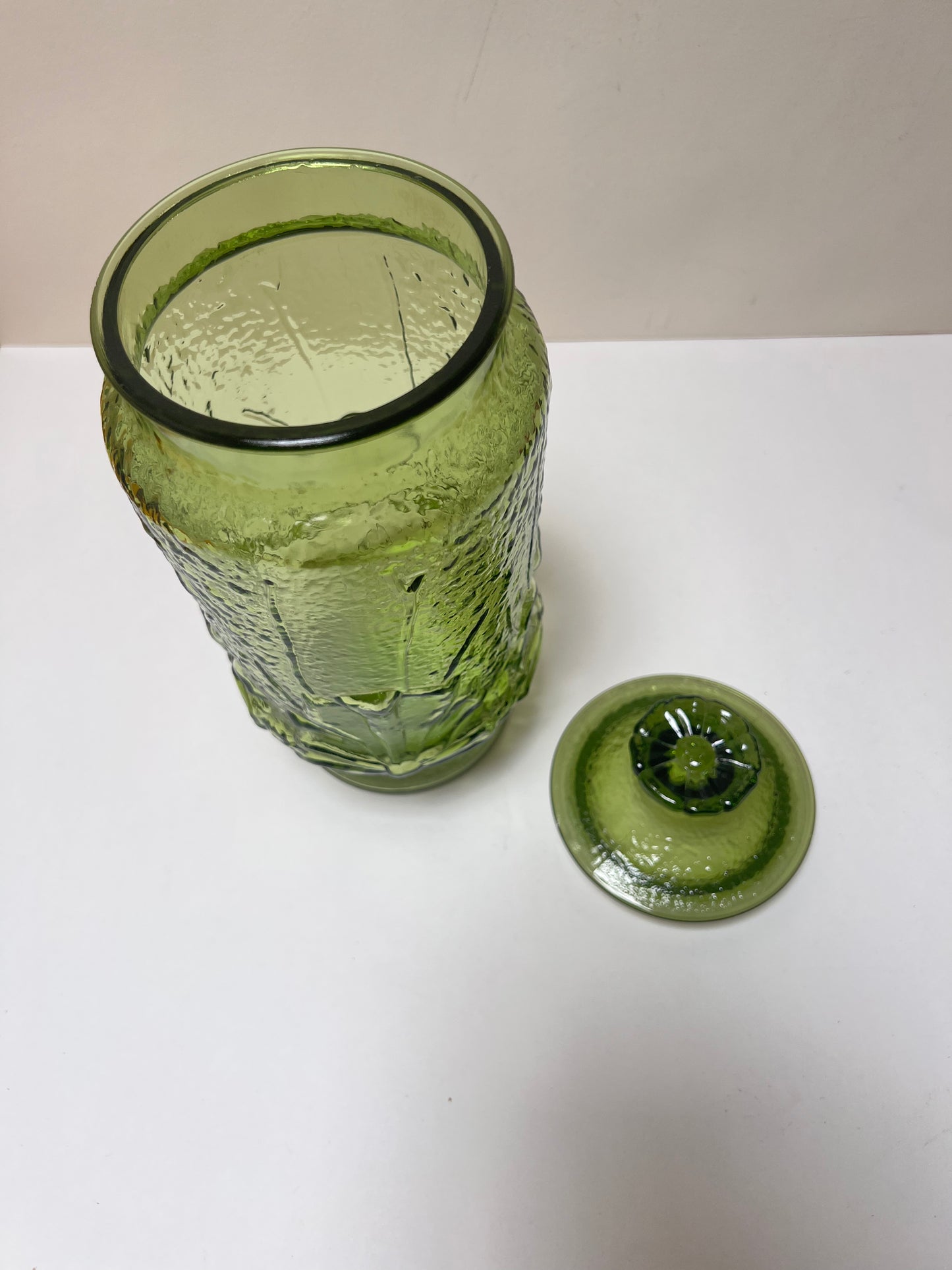 Vintage Kitchen Decor - Glass Covered Jar - Green Rainflower - Anchor Hocking - 1970s