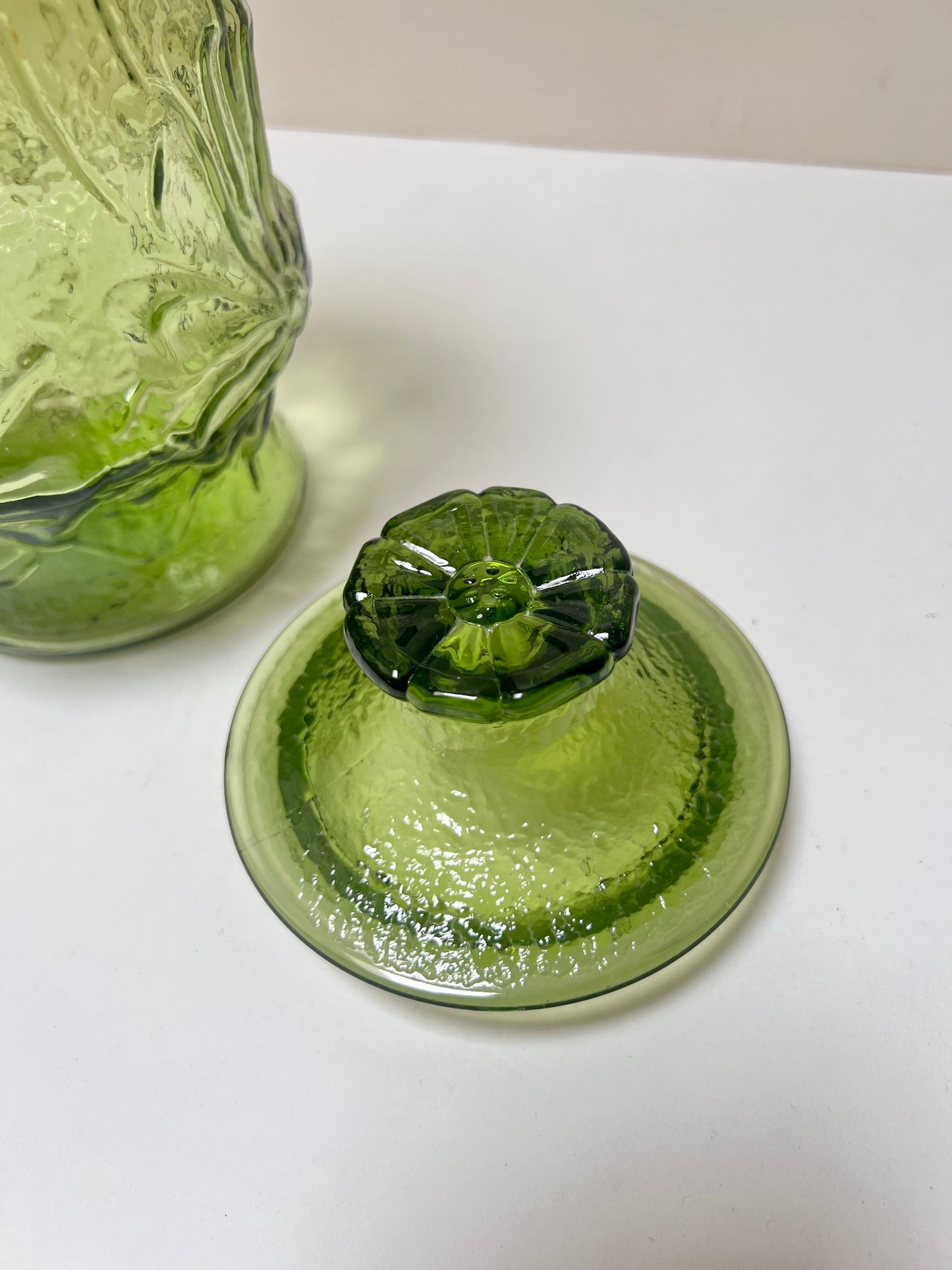 Vintage Kitchen Decor - Glass Covered Jar - Green Rainflower - Anchor Hocking - 1970s