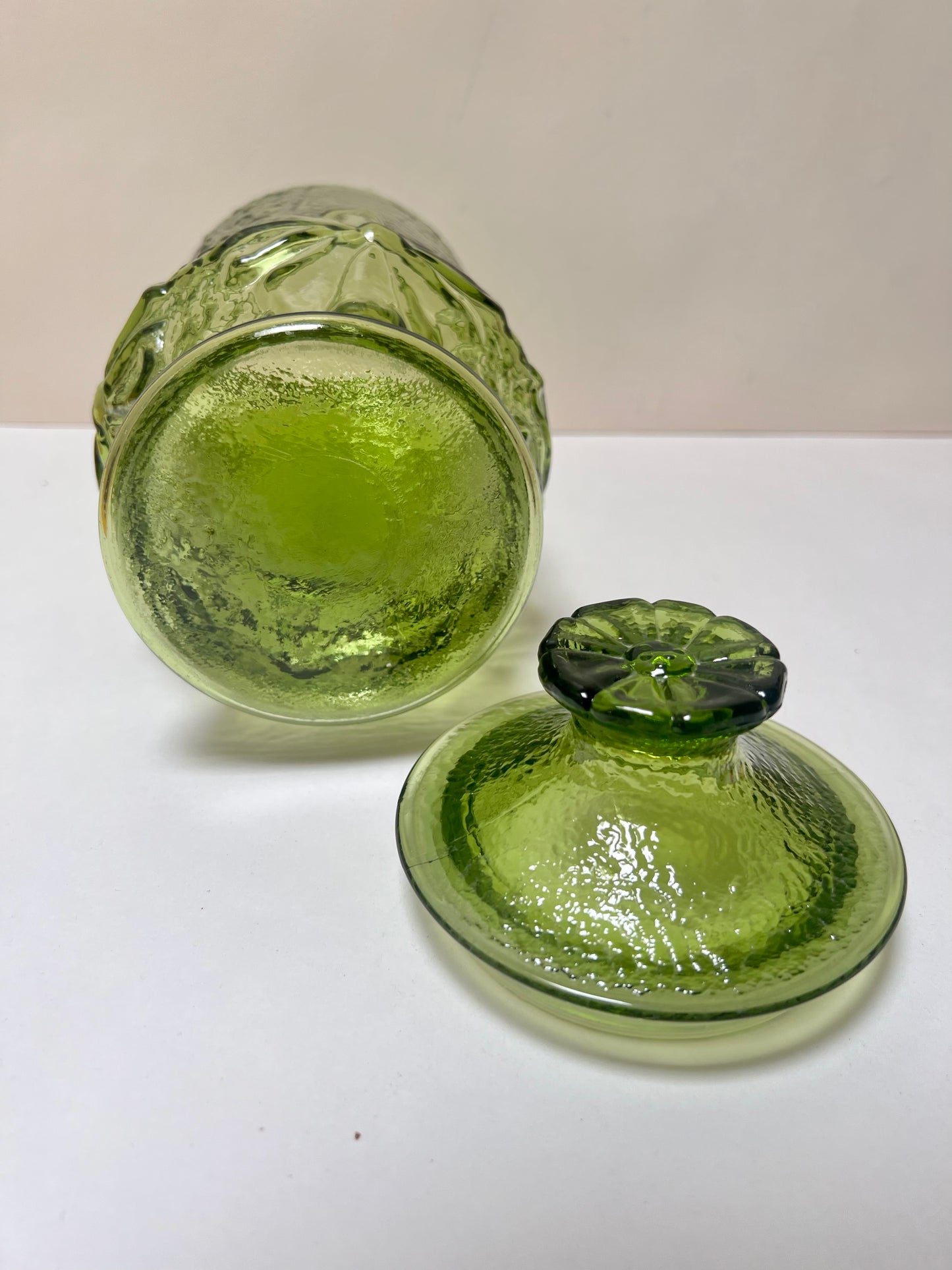 Vintage Kitchen Decor - Glass Covered Jar - Green Rainflower - Anchor Hocking - 1970s