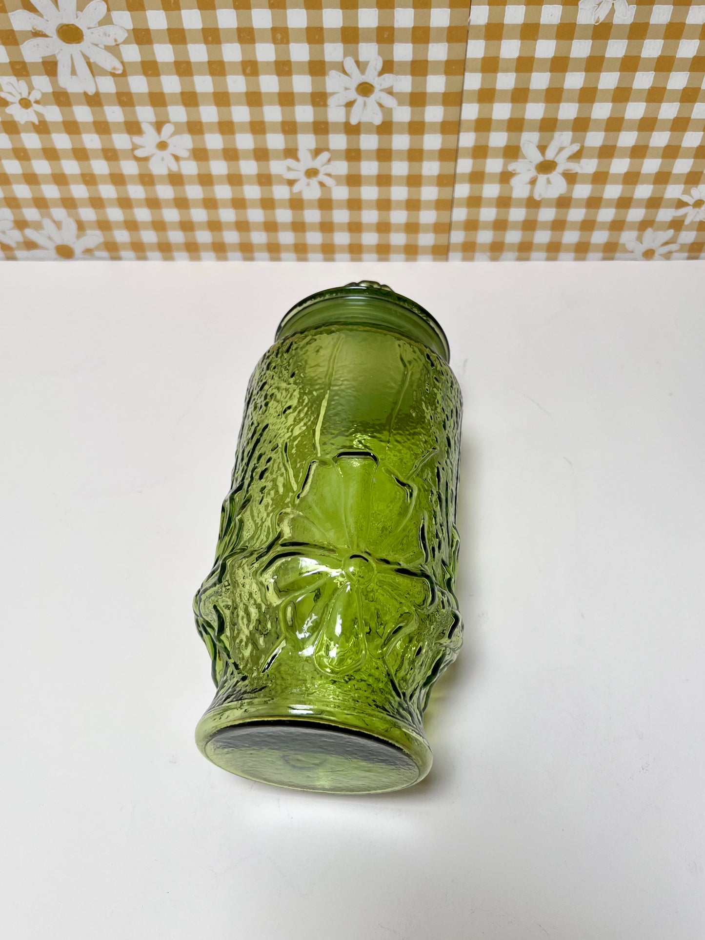 Vintage Kitchen Decor - Glass Covered Jar - Green Rainflower - Anchor Hocking - 1970s