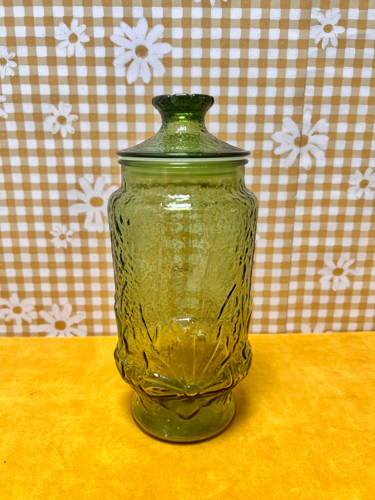 Vintage Kitchen Decor - Glass Covered Jar - Green Rainflower - Anchor Hocking - 1970s