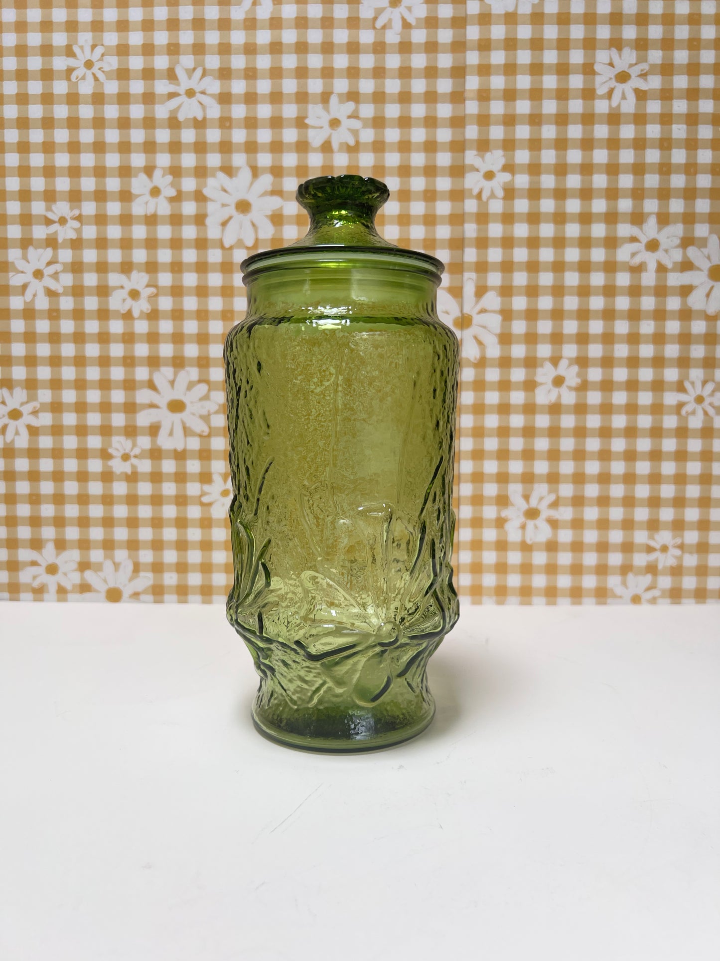 Vintage Kitchen Decor - Glass Covered Jar - Green Rainflower - Anchor Hocking - 1970s