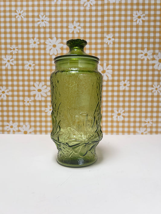 Vintage Kitchen Decor - Glass Covered Jar - Green Rainflower - Anchor Hocking - 1970s