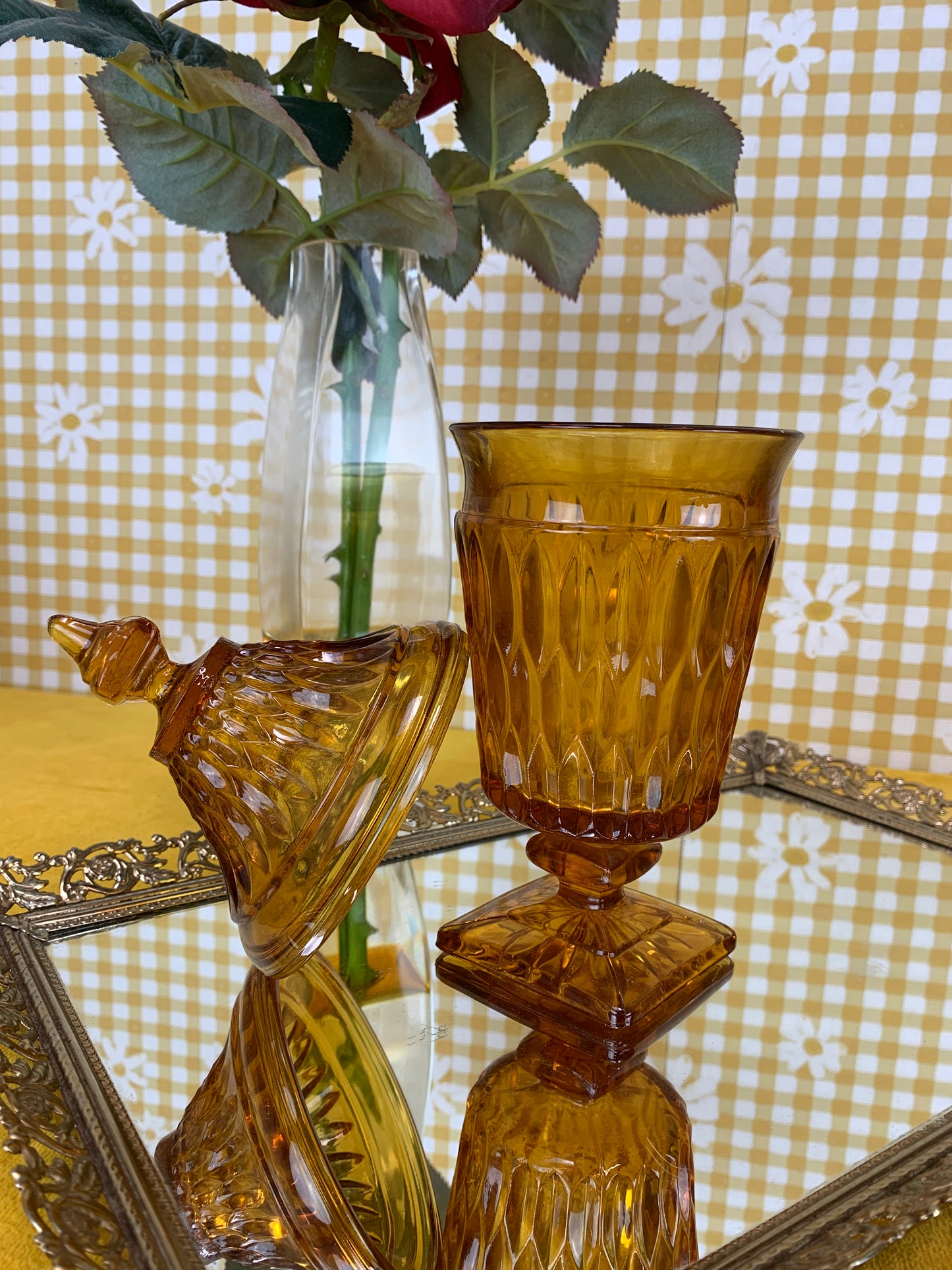 MCM Covered Glass Candy Dish - Amber