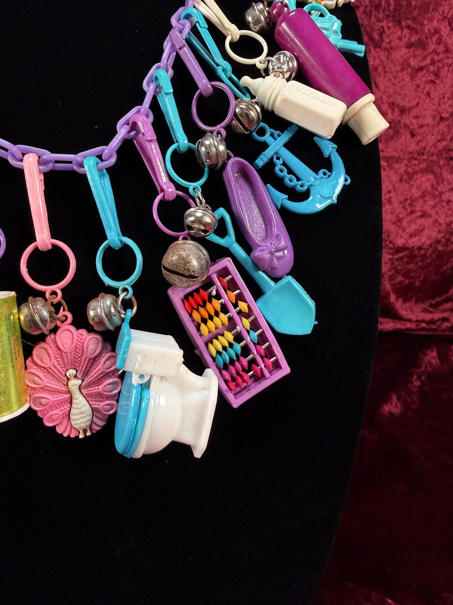 Vintage 1980s Plastic Chain Charm Necklace - 20 Bell Charms - Purple & Aqua Blue
