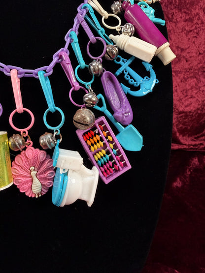Vintage 1980s Plastic Chain Charm Necklace - 20 Bell Charms - Purple & Aqua Blue