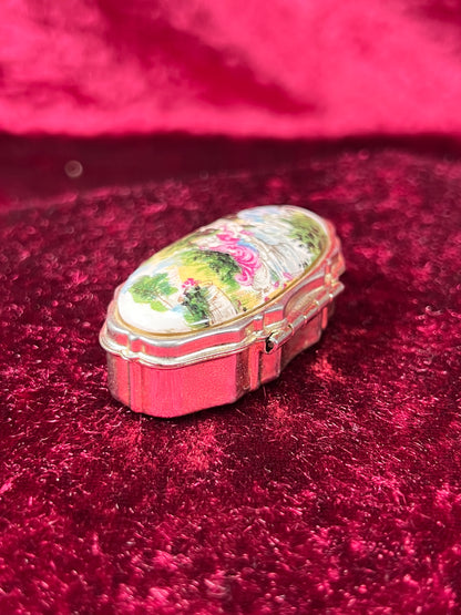 Vintage Vanity - 2-Compartment Pill Box - Silver Tone - Enamel Lid - Kissing Prince and Princess