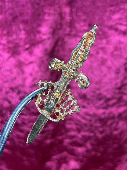 Vintage Jewelry - Brooch - Sword and Crown - Mixed Tone Metals and Clear Rhinestones - L-S