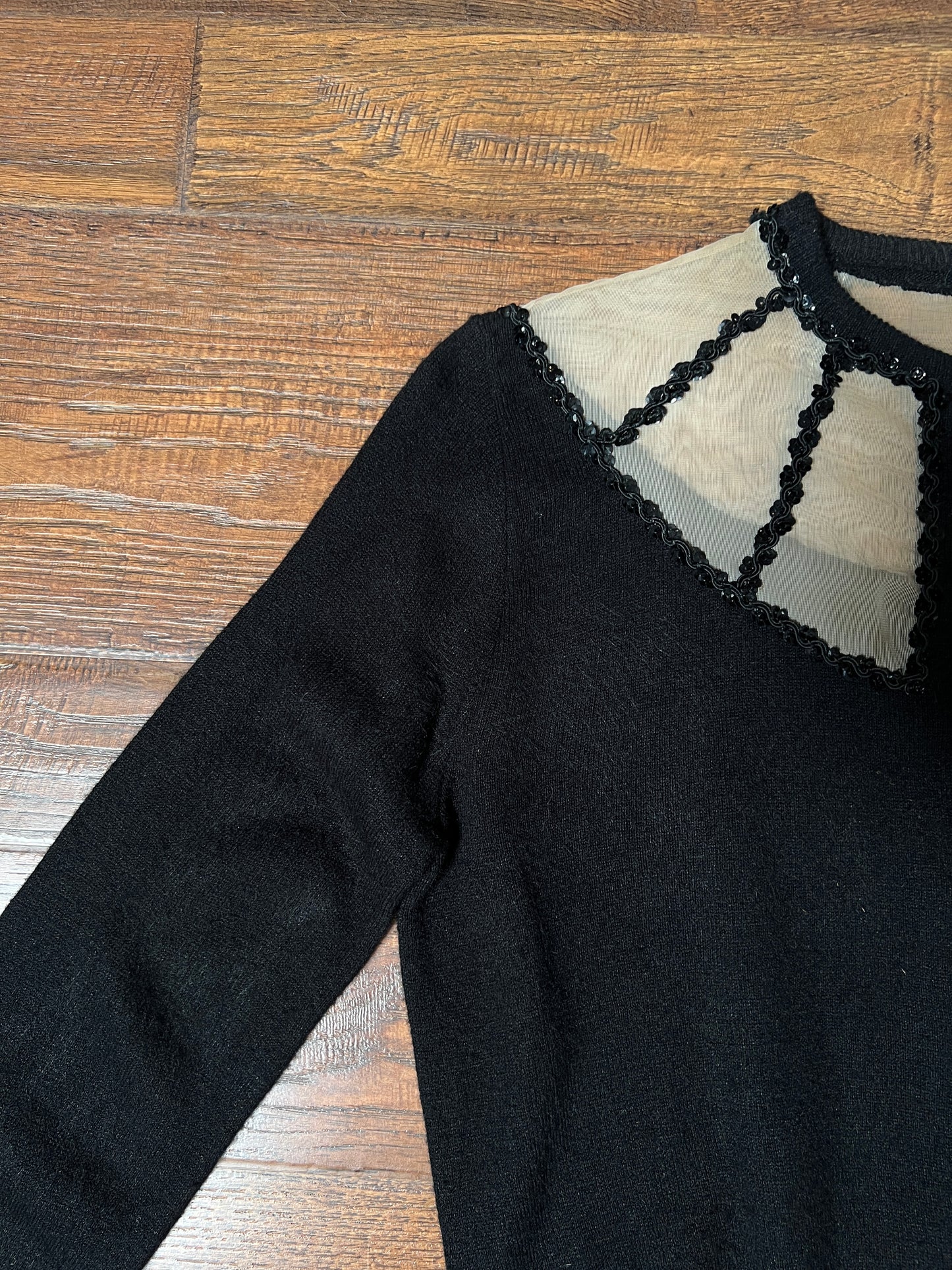 Vintage 1960s Knit Cardigan - Black Sheer Illusion Sequin Yoke with Metal Buttons - Size Medium
