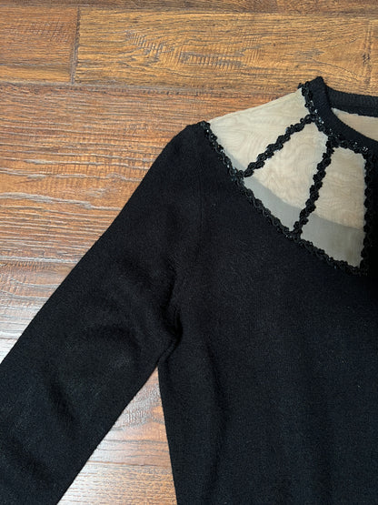 Vintage 1960s Knit Cardigan - Black Sheer Illusion Sequin Yoke with Metal Buttons - Size Medium