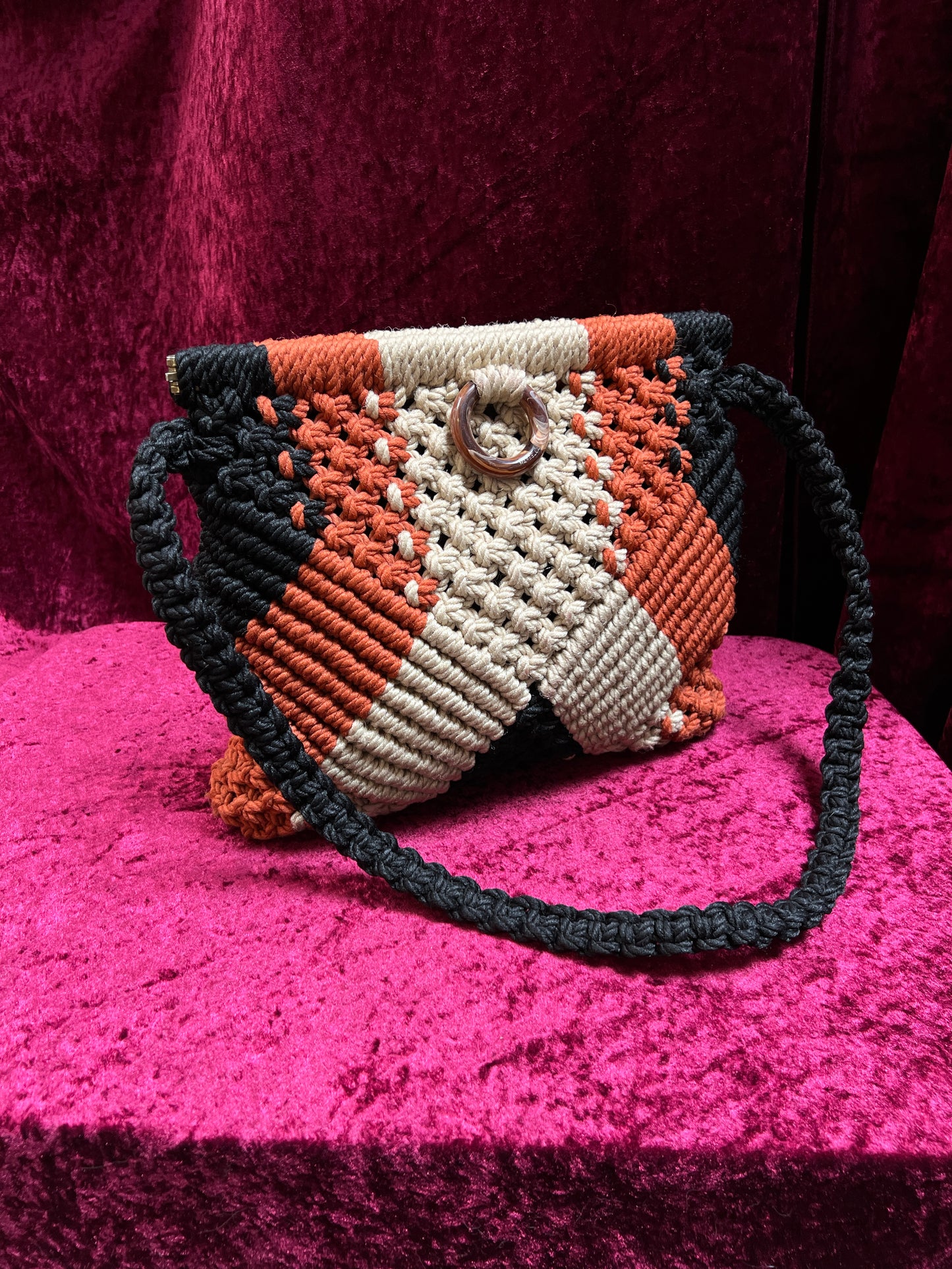 Vintage 1970s Frame Top Macramé Shoulder Bag – Geometric Earth Tones Pattern - Marbella