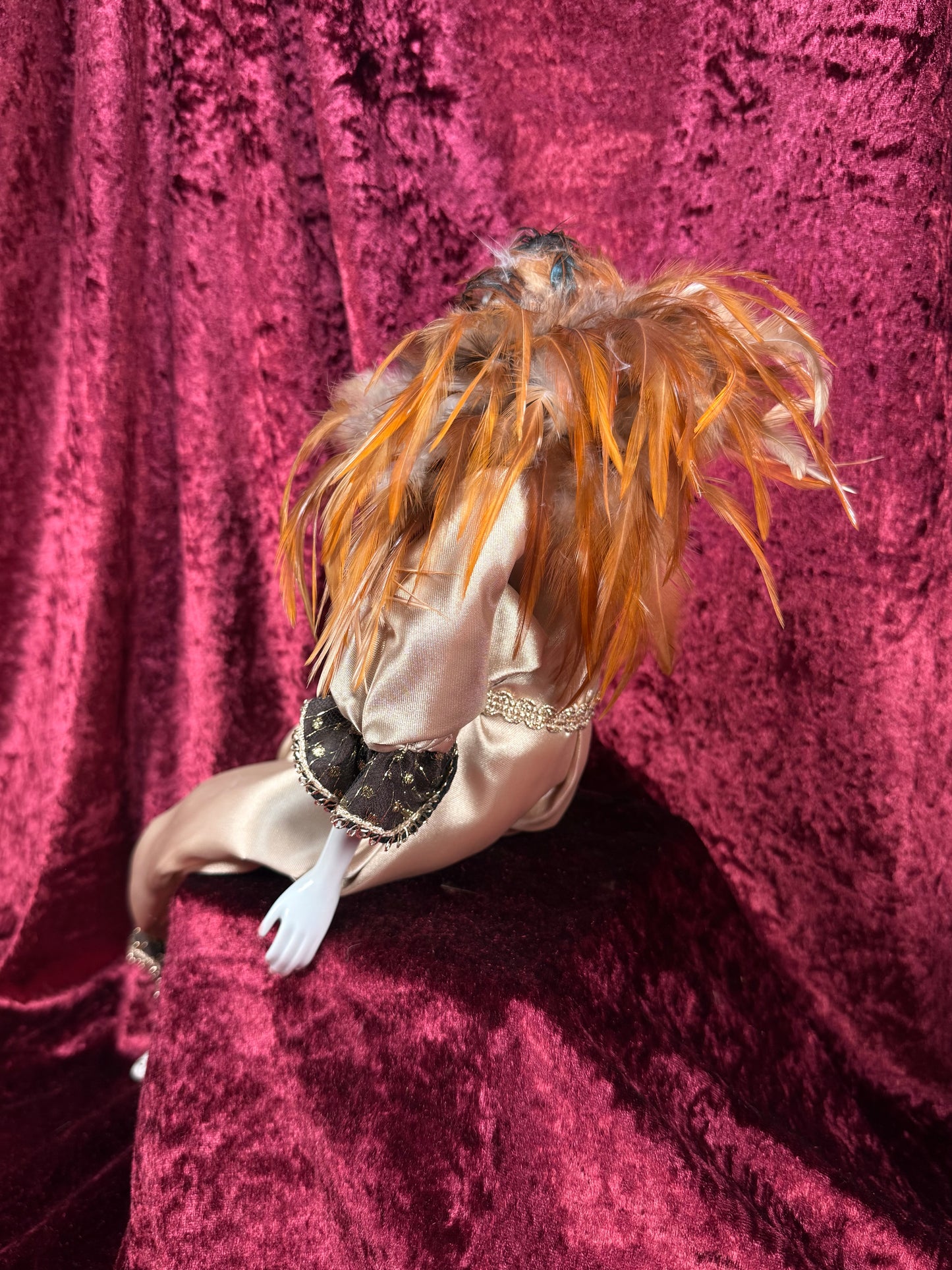 Vintage Porcelain Pierrot Doll – Feathered Collar Seated Harlequin Figure