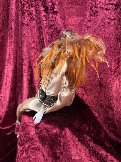 Vintage Porcelain Pierrot Doll – Feathered Collar Seated Harlequin Figure
