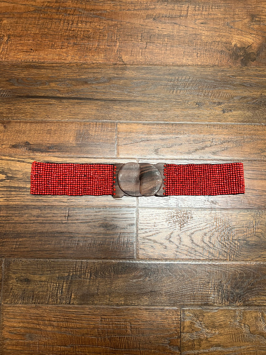 Vintage Style Accessories - Glass Seed Beaded Waist Belt with Wood Buckle - Red - 31.5"