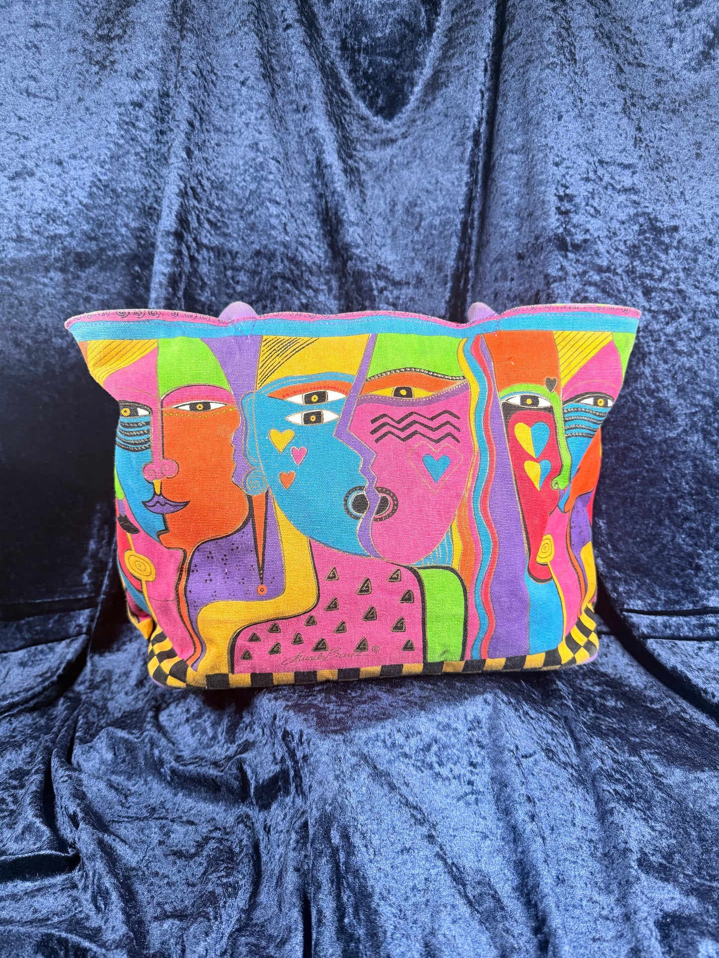 Vintage Canvas Laurel Burch Tote Bag – Kindred Spirits Faces with Purple Handles