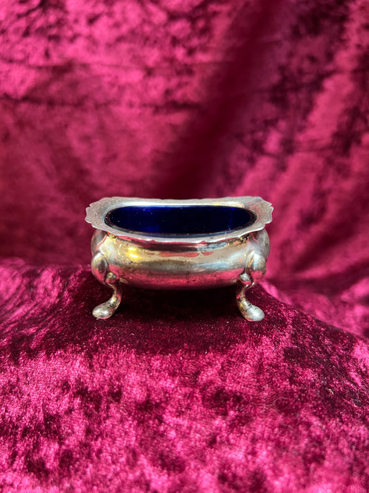 Vintage Kitchen - Footed Salt Cellar with Cobalt Blue Glass Insert - Sterling Silver - Hardy Bros - England