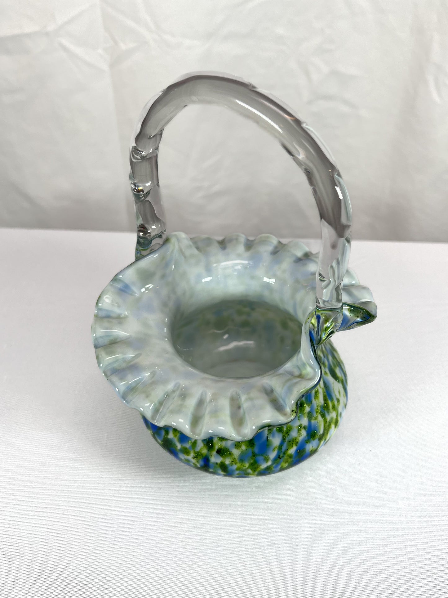 Vintage Art Glass - Ruffled Basket - Murrhina Aventurine - Green and Blue - Fenton - 1960s