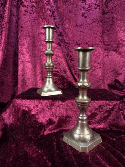 Antique English Brass Candlestick Pair – Beehive Taper Candle Holders