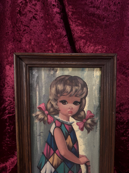 Vintage Mid Century Framed Wall Art – Big Eyes Lute Harlequin Girl Portrait - Moppet by Jean Maio