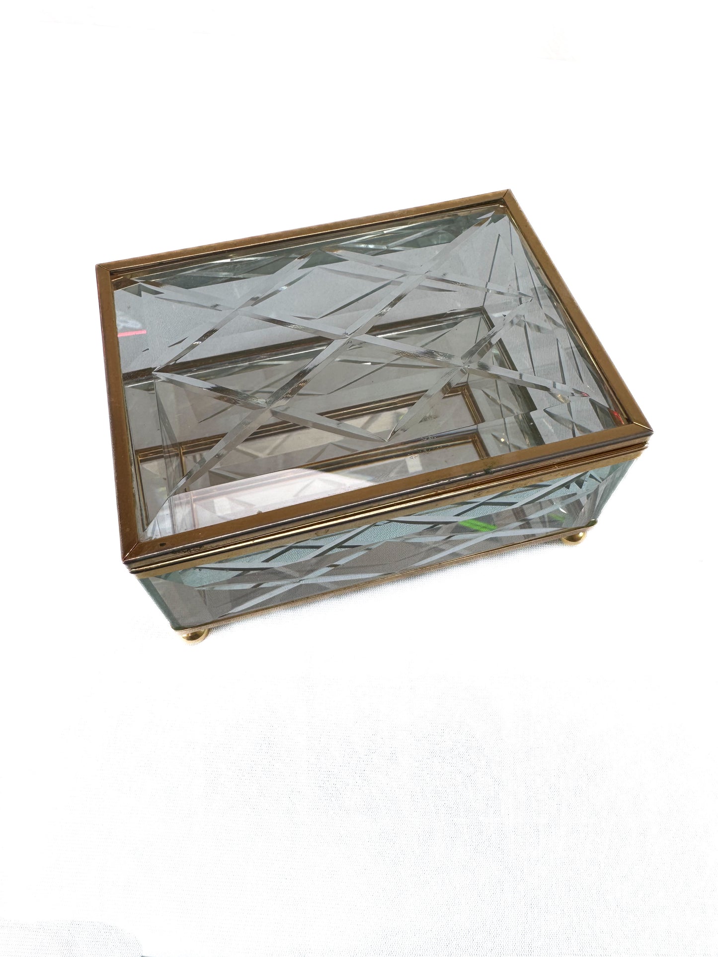 Vintage Jewelry Box - Pillow Cut Beveled Glass - Mirrored Bottom - Brass Feet