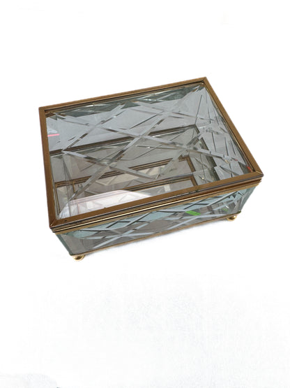 Vintage Jewelry Box - Pillow Cut Beveled Glass - Mirrored Bottom - Brass Feet