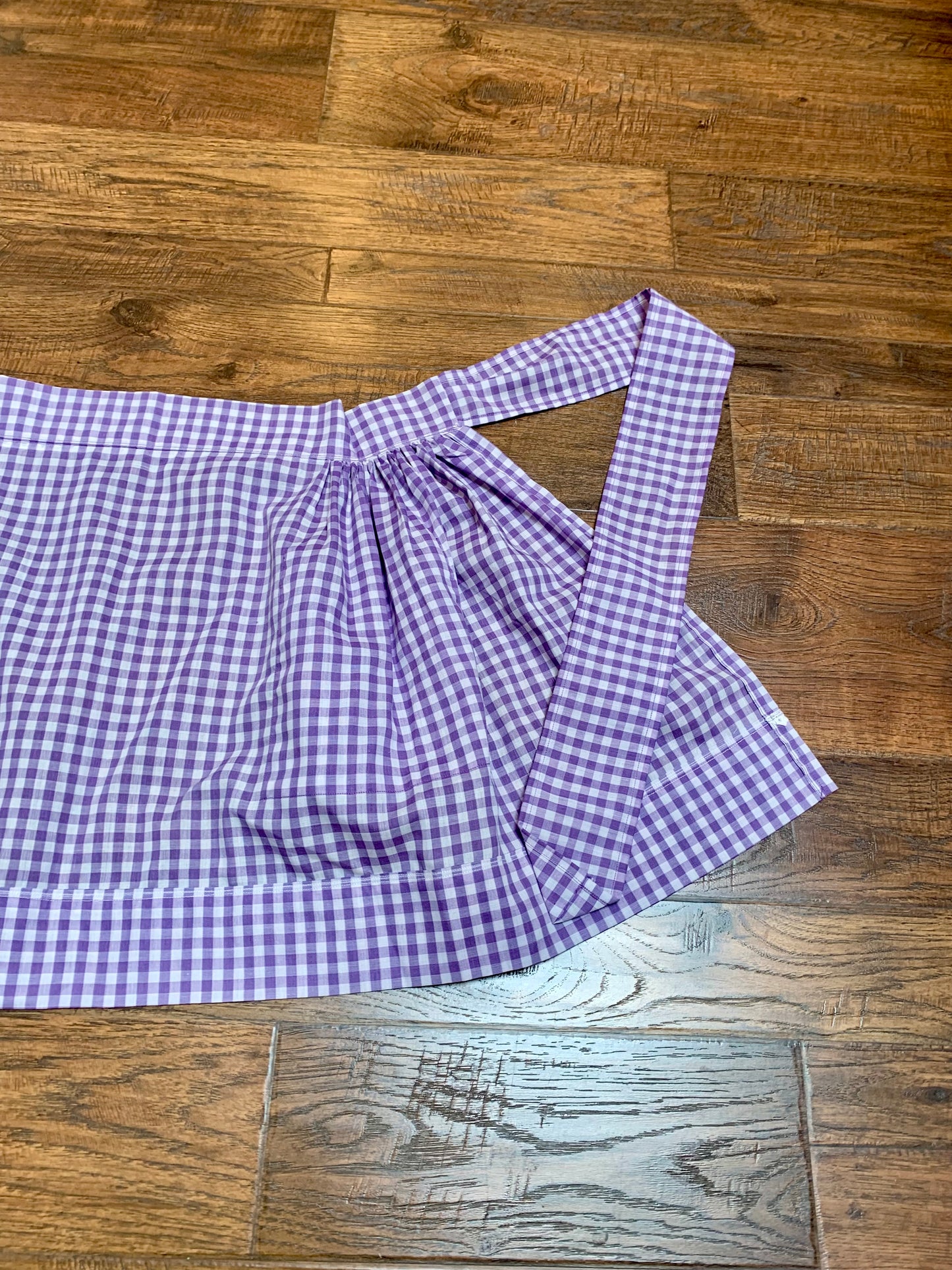 Vintage Lilac & Periwinkle Gingham Half Apron with Lace Detail