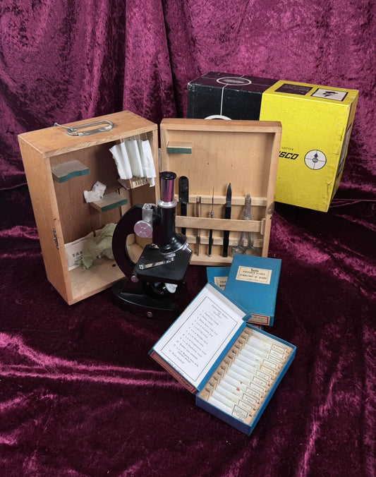 Vintage Tasco Metal Microscope Set – Complete Japanese Student Science Kit with 3 Prepared Slide Collections