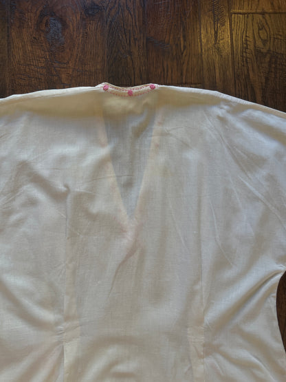 Vintage Handmade Cotton Linen Caftan - Pink Embroidered Boho Tunic Dress - Medium
