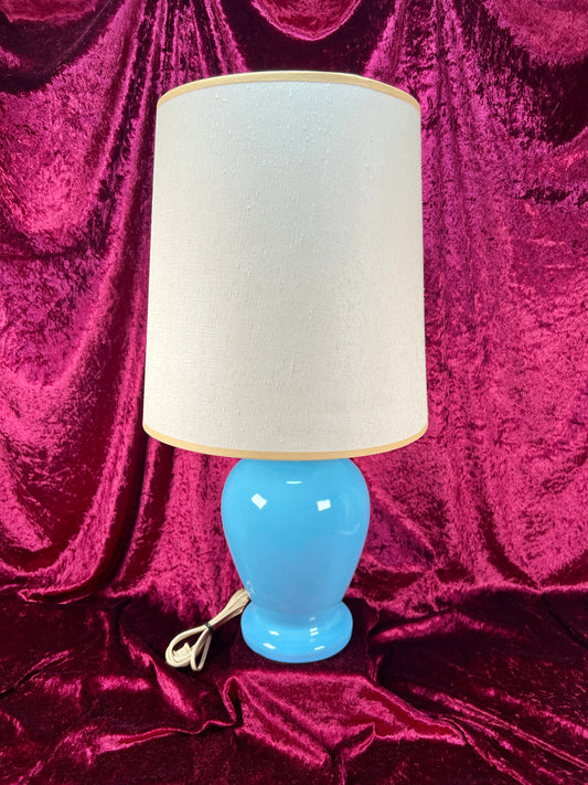 Vintage Ceramic Tabletop Lamp with Cylindrical Shade – Cornflower Blue and Cream
