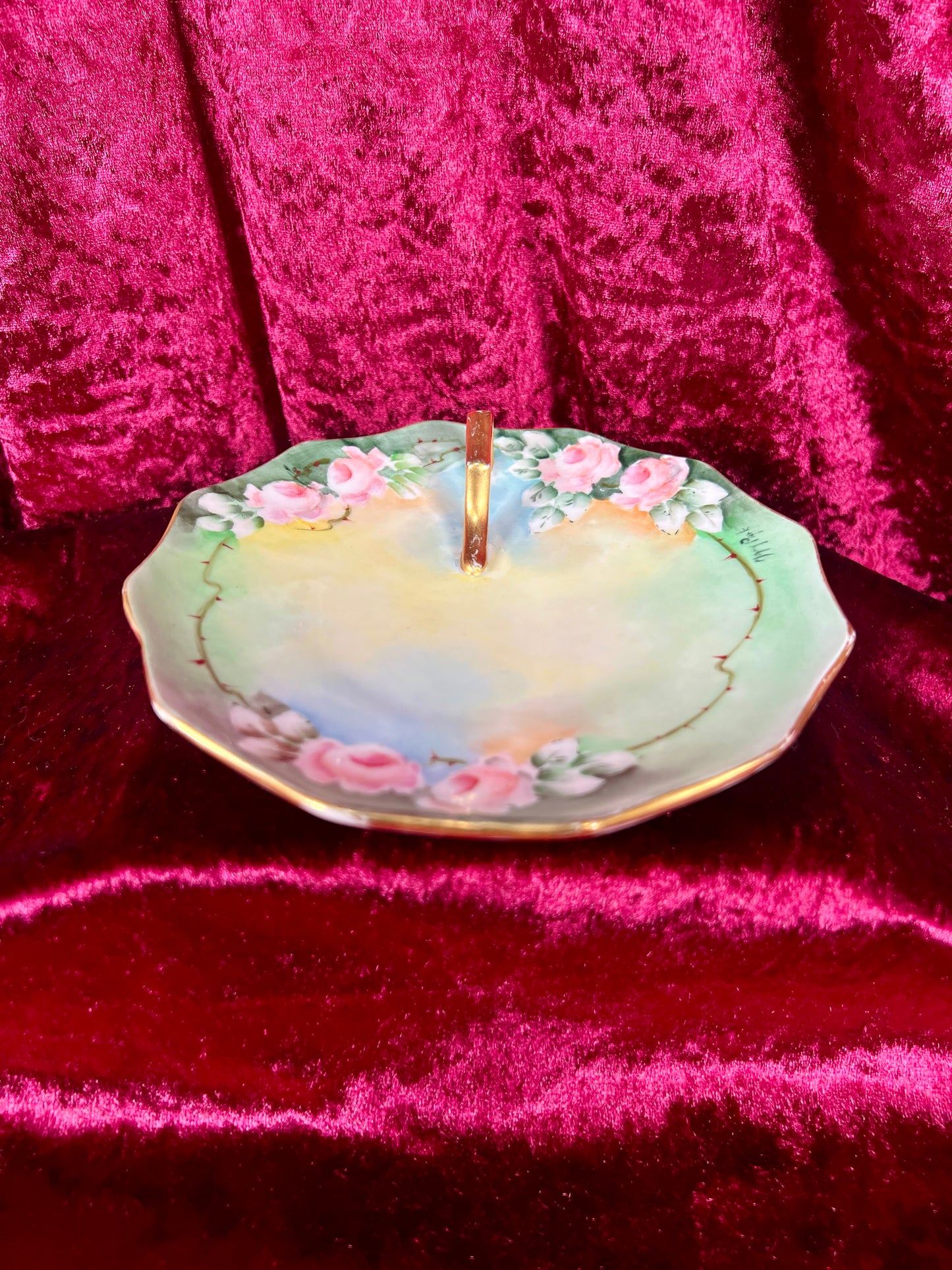 Vintage Trinket Dish - Porcelain Ring Dish / Serving Tray - Hand Painted Roses - Mary Park