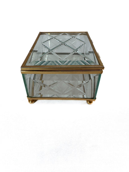 Vintage Jewelry Box - Pillow Cut Beveled Glass - Mirrored Bottom - Brass Feet