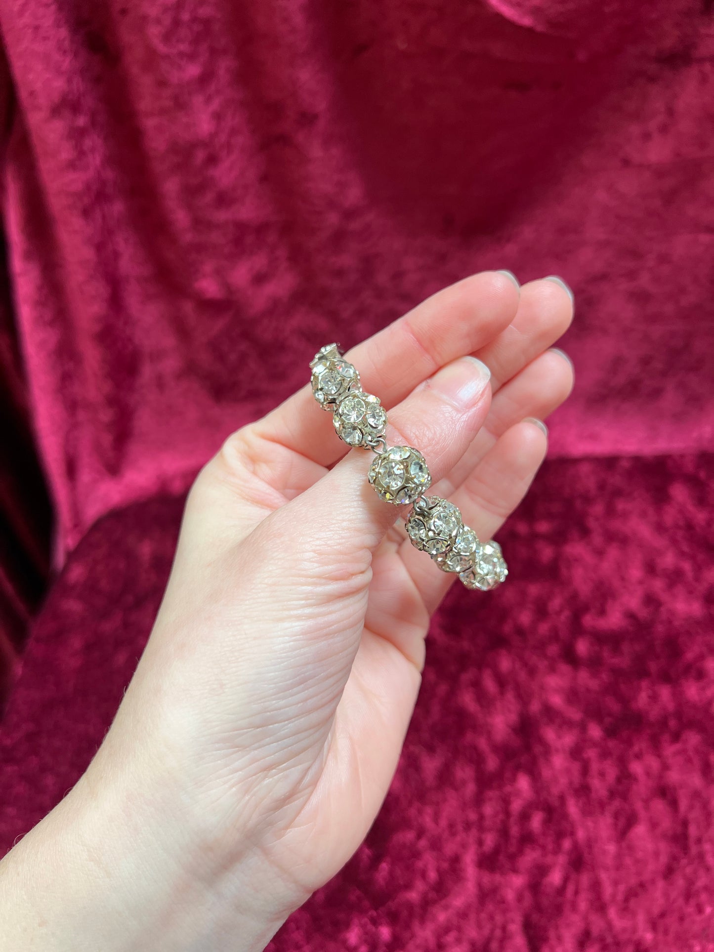 Vintage Jewelry - Silver Tone Ball Link Bracelet - Clear Round Cut Rhinestones - 7.5"