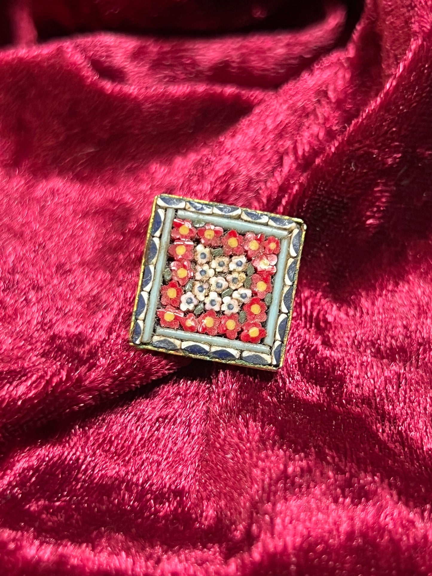 Vintage Jewelry - Brooch - Italian Micro Mosaic - Floral Tile - Dark Blue and Red - Made In Italy