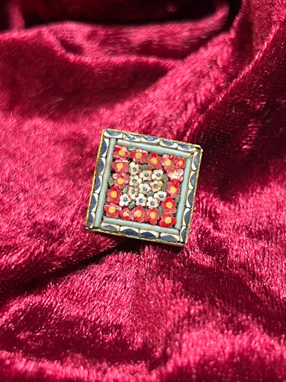 Vintage Jewelry - Brooch - Italian Micro Mosaic - Floral Tile - Dark Blue and Red - Made In Italy