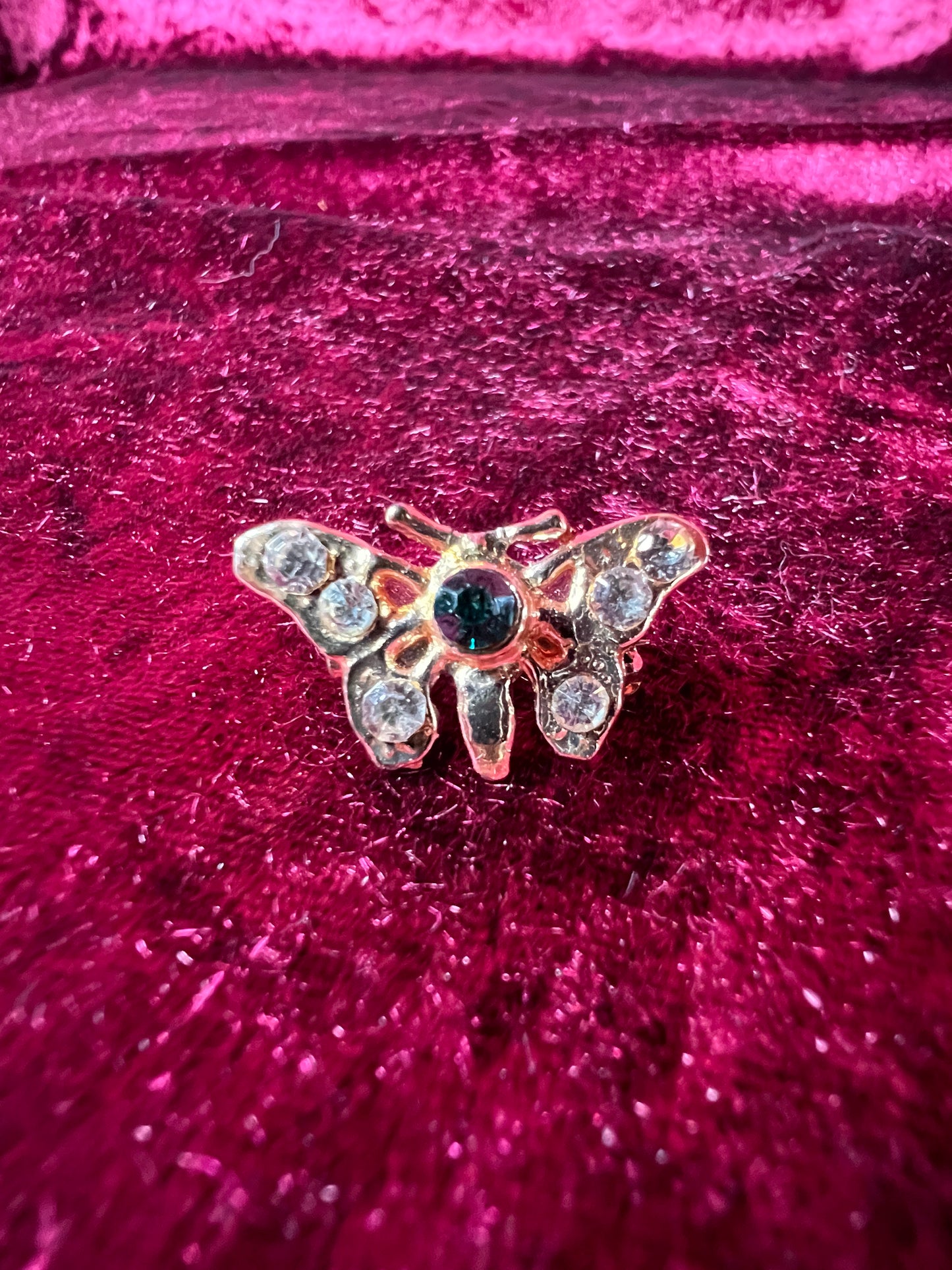 Vintage Jewelry - Brooch - Gold Tone Moth - Clear and Green Rhinestones