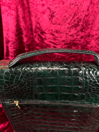 Vintage Emerald Green Leather Crossbody Bag - Croc Embossed Top Handle Purse