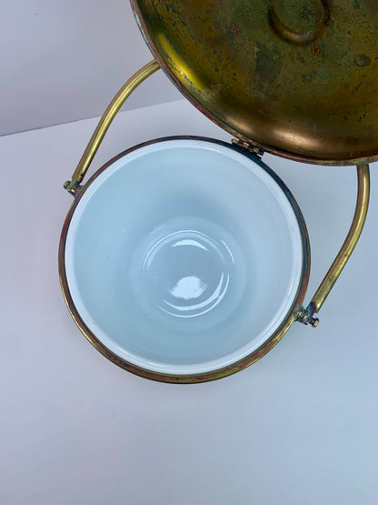 Vintage Barware - Solid Brass Ice Bucket - Hinged Lid - Porcelain Inner - 1920s