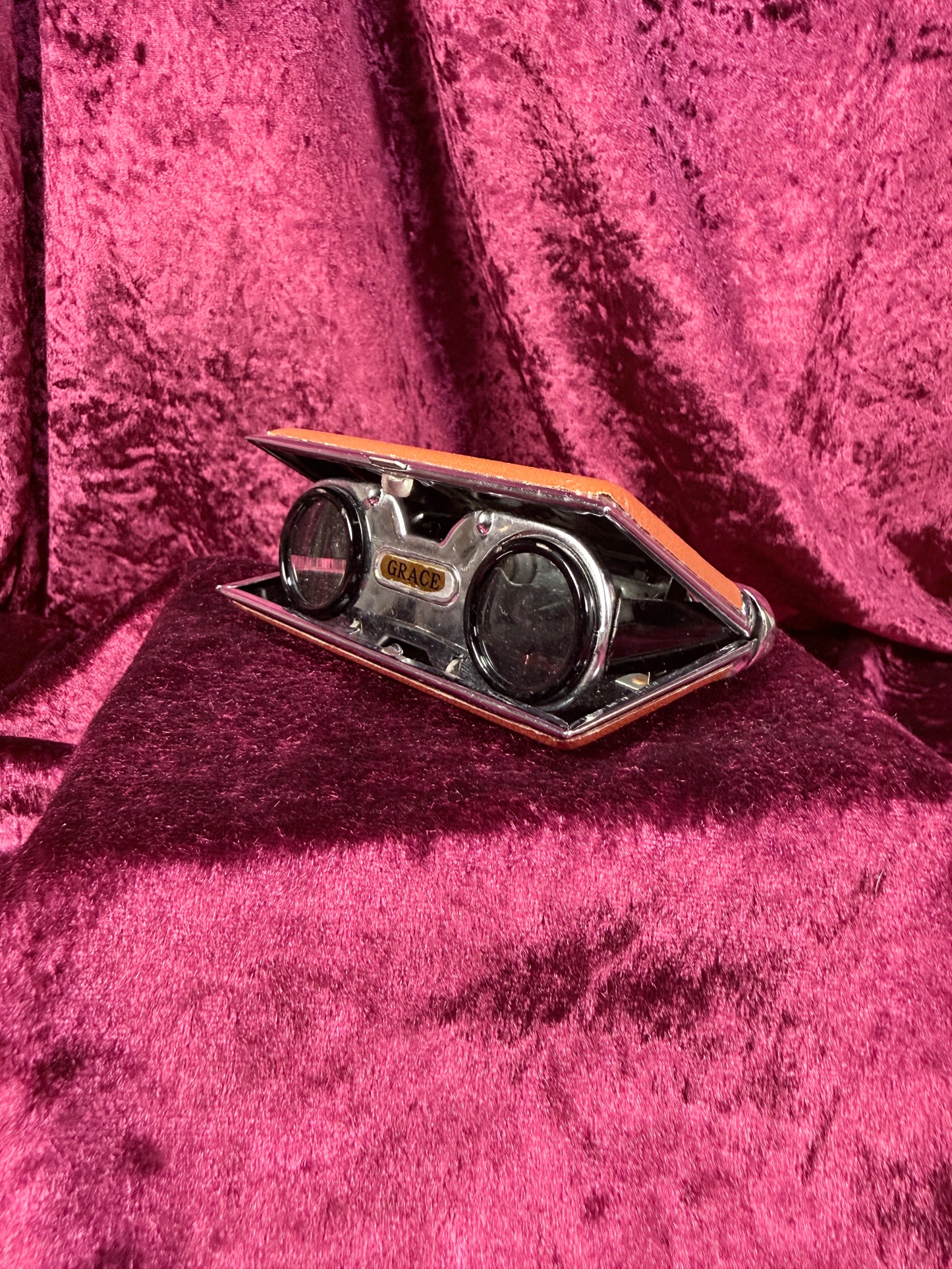Vintage Metal Opera Glasses – Functional Orange Leatherette Folding Binoculars
