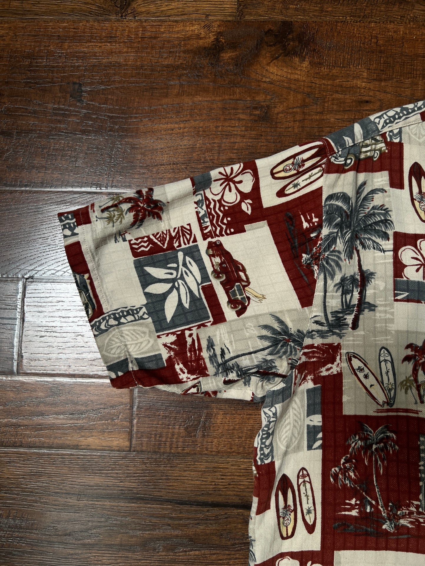 Vintage Paradise Blue Silk Rayon Shirt – Hawaiian Surf Car Print – Size Large
