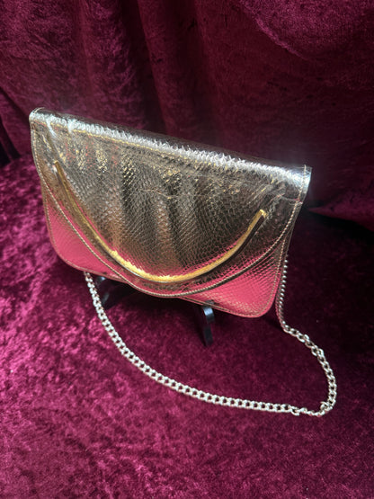 Vintage Accessories - 1980s Gold Metallic Evening Purse with Chain Shoulder Strap - Walborg
