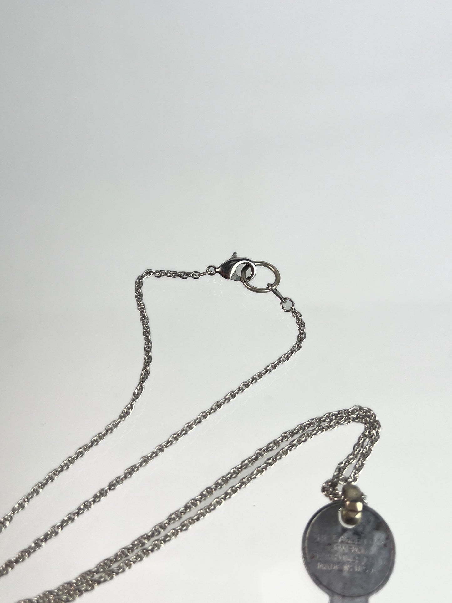 Vintage Jewelry - Pendant Necklace - Silver Tone Rope Chain - Old Eagle Lock Co. Logo Key