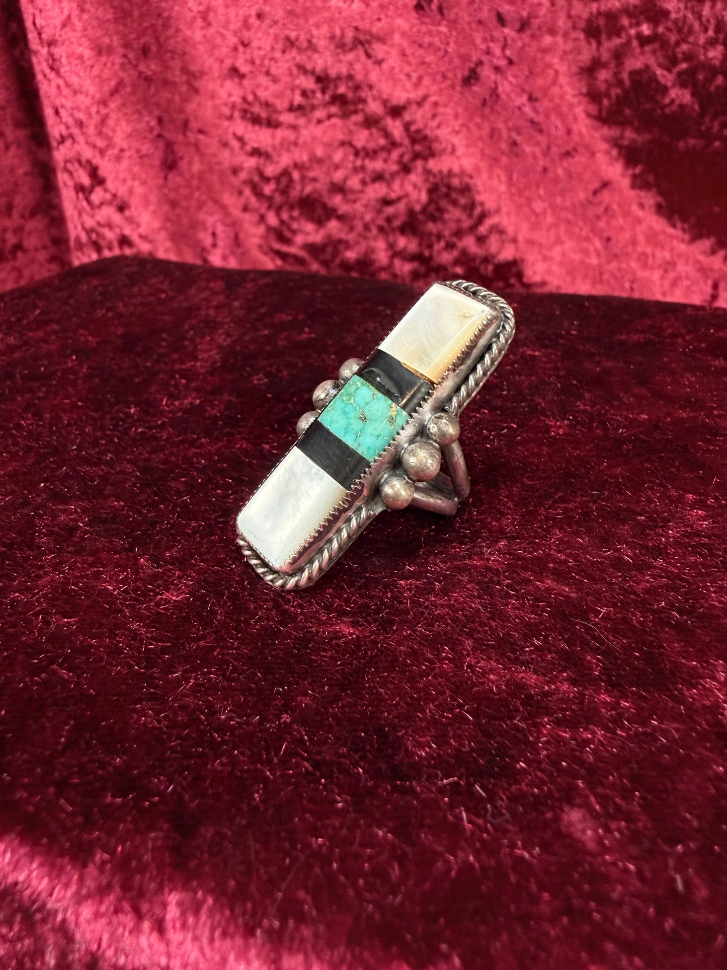 Vintage Sterling Silver Ring – Turquoise and Mother of Pearl Inlay Statement - Size 6