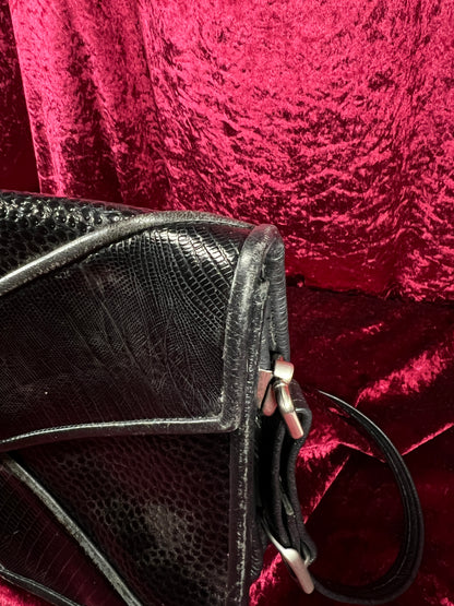 Vintage Y2K Black Leather Shoulder Bag - Reptile Embossed Patchwork Purse
