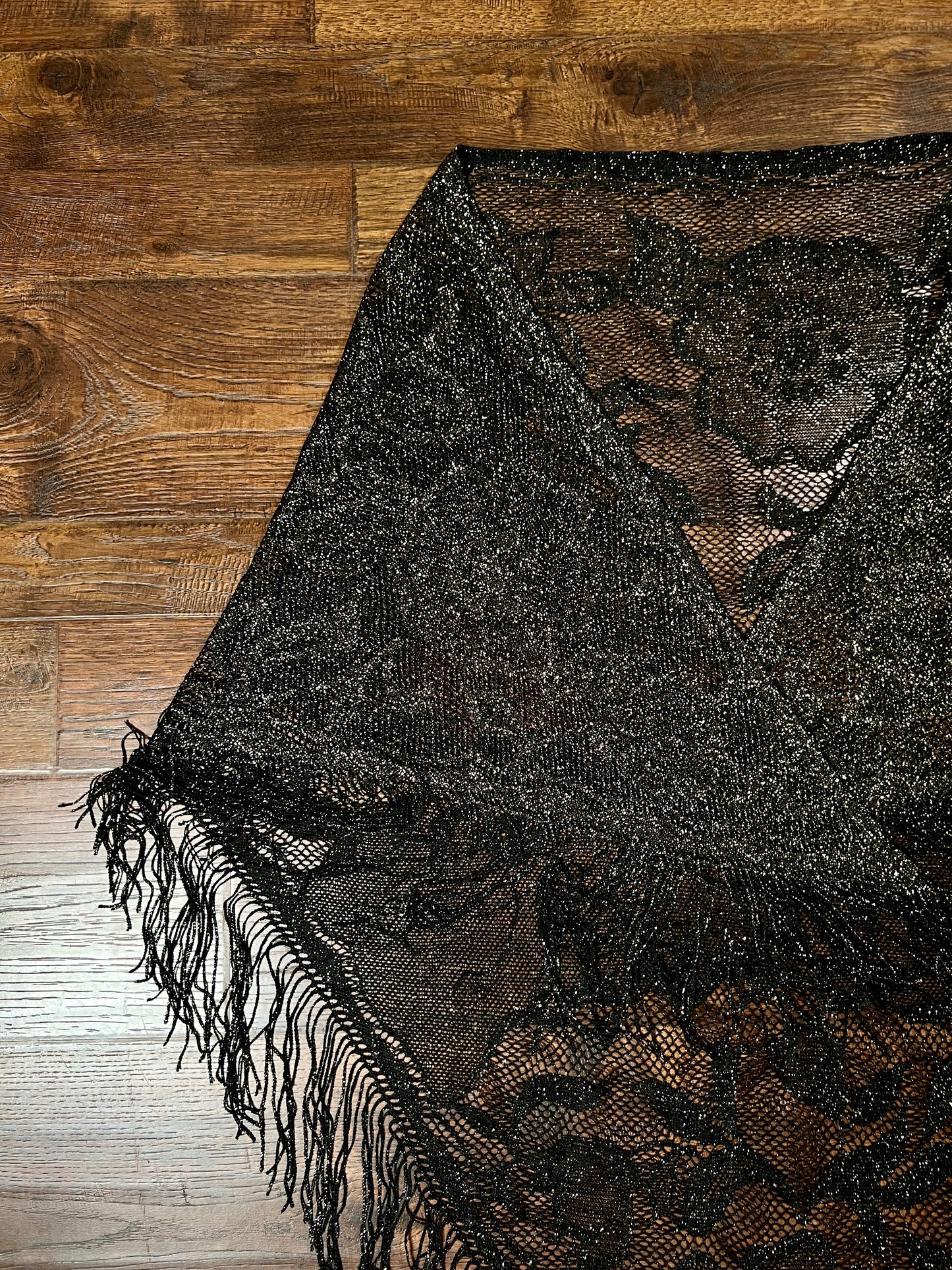 Vintage Metallic Net Shawl - Black Gold Floral Lace Fringe Triangle Wrap